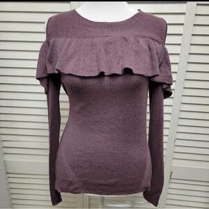 HIPPIE ROSE Small Plum Cold Shoulder Sleeve Lightweight Sweater With Ruffle